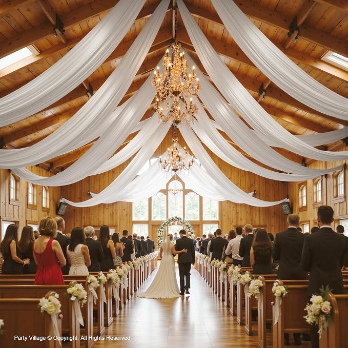 50ftx40ft White Ceiling Curtain for Wedding Parties – 10 Panels Wrinkle-Free 40 FT Long Tent Draping Curtains for Wedding, Birthday & Theme Parties, 40ft Height with Rod Pocket