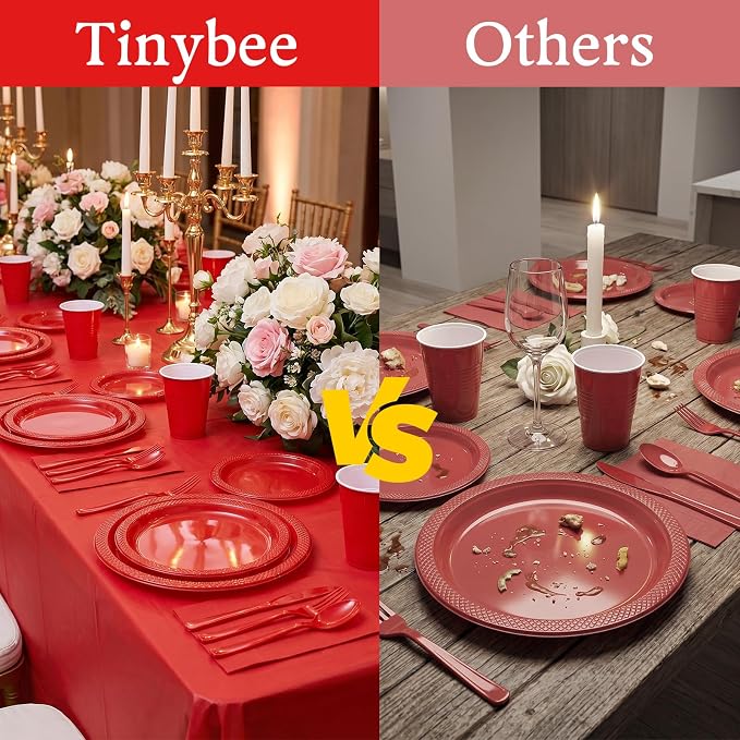 352 Pcs Red Plastic Plates Party Set, 50 Guests Disposable Dinnerware Set with Red Tablecloths, Bold Red Plastic Plates Party Set for Wedding/Valentine's Day/Christmas/Holiday Party