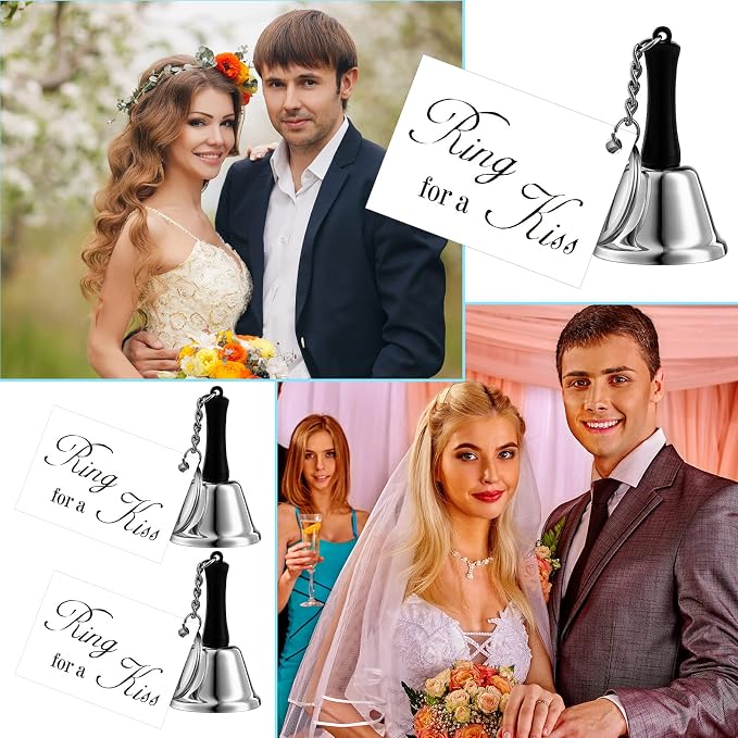 Lounsweer 24 Set Wedding Bells Bulk Ring for a Kiss Bells with Tags Mini Kissing Bells for Wedding Reception Decorations Goody Bags Party Supplies(Silver Color)