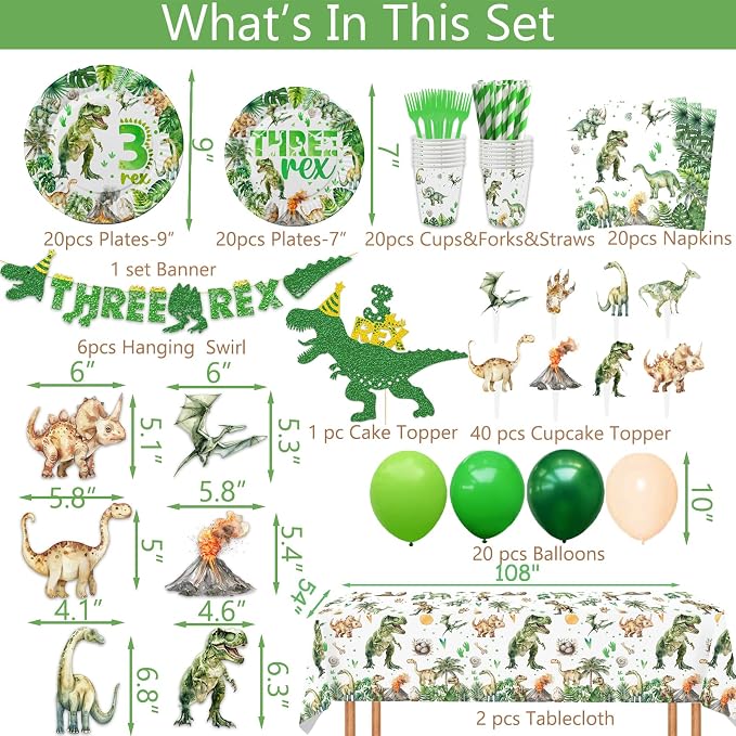 208 Pcs Dinosaur 3rd Birthday Party Supplies, Green Dino Three Rex Birthday Decorations, 20 Serves Include Paper Plates, Cups, Napkins, Tablecloth, Cake Topper, Swirls, Banner, Balloons for Boys