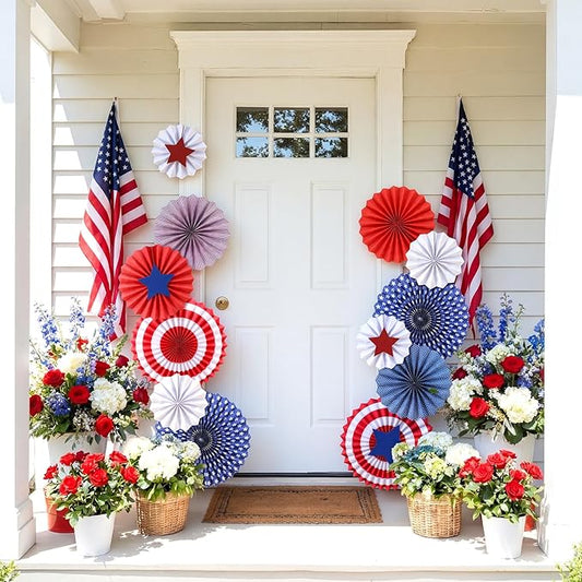 Tinlade 31 Pcs 4th of July Patriotic Decorations Red White Blue Hanging Paper Fans Porch Door Decor for 250 Anniversary Fourth of July Memorial Day USA Independence Day American Party Supplies