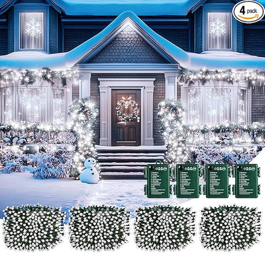Brightown Christmas Lights Outdoor Battery Operated, 4 Pack Total 132FT 400 LED Battery Powered Fairy Lights with Timer,8 Mode,Waterproof Christmas String Lights for Outside Indoor Bedroom, Pure White