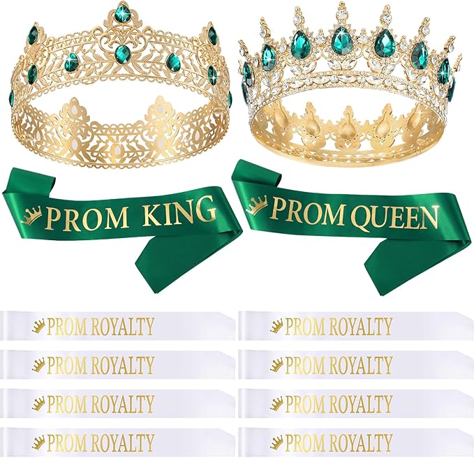 Saintrygo 12 Pcs Prom Crown and Sash Set, Prom King and Queen Tiara Rhinestone Crown Glitter Court Royal Satin Sash for 2026 Graduation Ball Dance Night Party Birthday Accessory(Green,Elegant)
