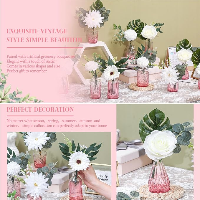 FoldTier 108 Pcs Artificial Flowers in Vase 96 Pcs Faux Greenery Stem Table Centerpiece Fake Plants Silk Roses Arrangement 12 Pcs Glass Vase Sets for Wedding Bathroom Home Dining Decor(White Pink)