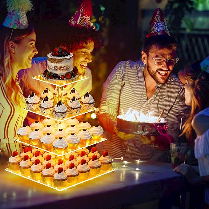 YestBuy Cupcake Stand with Yellow LED Lights, 4 Tier Cupcake Stand for 50 Cupcakes, Acrylic Cupcake Tower Stand, Clear Tiered Cupcake Holder for Birthday Candy Bar Décor Weddings, Parties Events