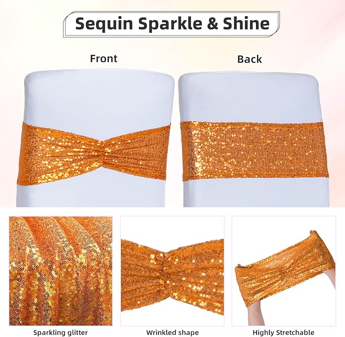 Poise3EHome Orange Sequin Chair Sashes,Folding Chair Cover Bands for Wedding Party Ceremony Banquet Decorations, 20 PCS