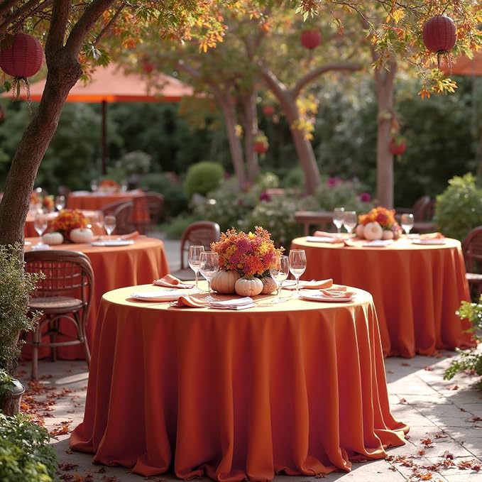 sancua Thanksgiving Round Tablecloth 120 Inch Diameter, 8 Pack Rust Circle Polyester Fabric Fall Table Cloth for Holiday Party Reception Washable Burnt Orange Table Cover (Fit 48-96 Inch Tables)