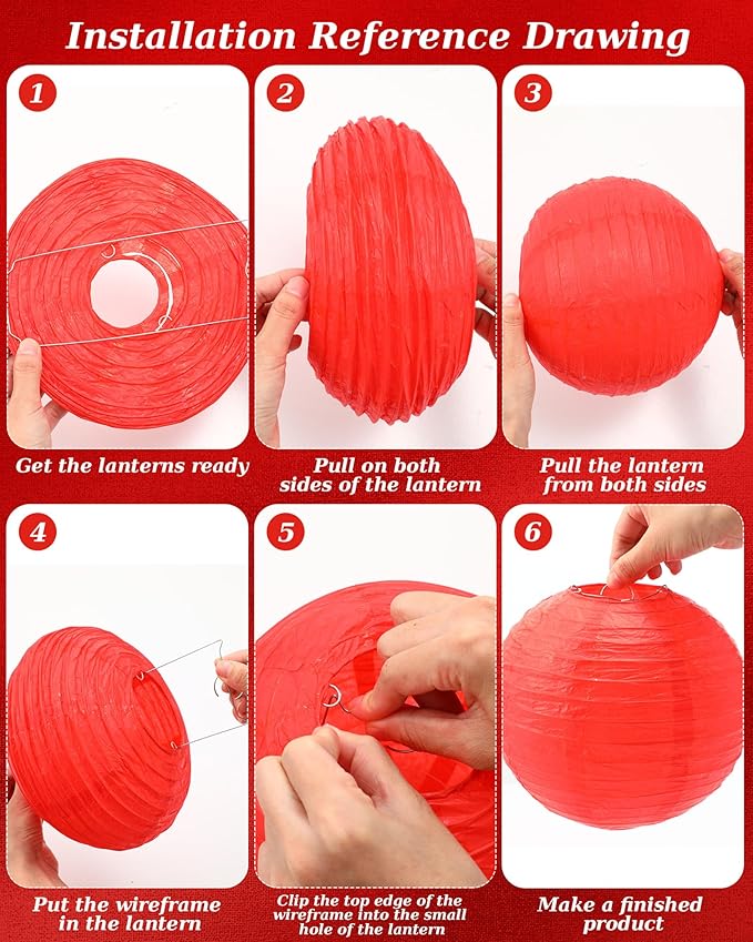 Treela 48 Pcs Paper Lanterns Party Decorations Chinese Round Paper Decor 4/6/8/10 Inch Asian Hanging Lamps Decorative for Graduate Wedding Birthday Party Bridal Parties Supplies(Red)