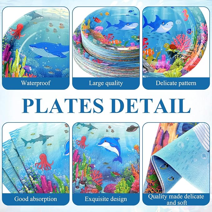 LemonRoad 452 Pcs Under the Sea Birthday Decorations for Ocean 50 Paper Plates Napkins Cups Tablecloth Cutlery Straws Disposable Tableware for Sea Animal Underwater Baby Shower Birthday Party Supplies