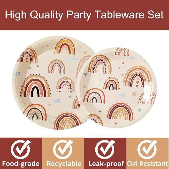 Boho Rainbow Party Plates Napkins Decorations Serves 24, Groovy Hippie Party Supplies Tableware Set for Boho Rainbow 1st Birthday Baby Shower Disposable Paper Plates Napkins Forks for Girl Boy, 96 Pcs