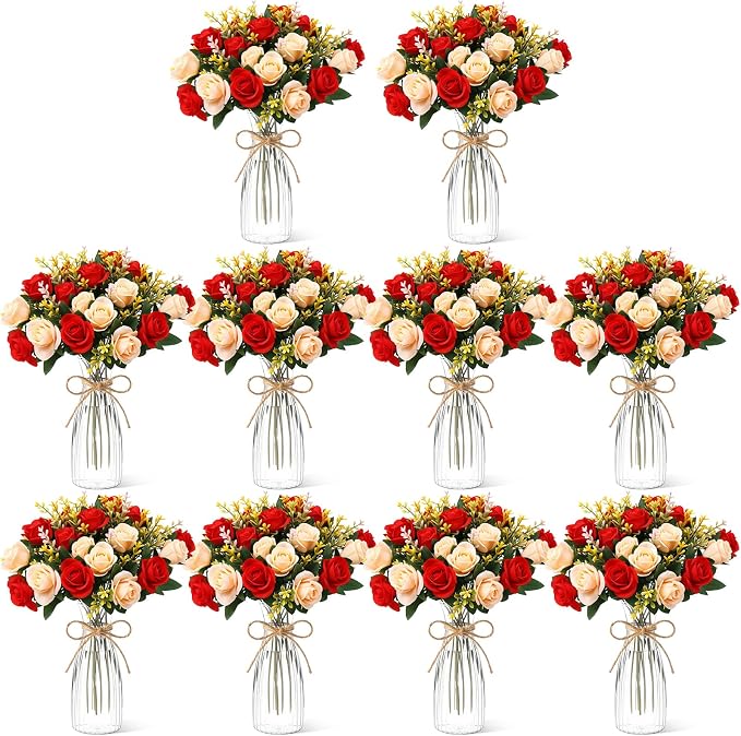 Zeyune 31 Pcs Rose Artificial Flowers with Vase Bulk for Table Centerpiece, 20 Bundles Fake Silk Roses 10 Plastic Clear Vase with 1 Pcs Rope Arrangement Decoration Wedding Home Party(Champagne,Red)