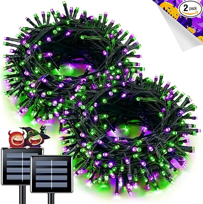 JMEXSUSS 2 Pack Solar String Lights Outdoor Waterproof, Total 66 FT 200 LED Solar Christmas Lights Outdoor, Twinkle Light for Christmas Tree Outside Garden Yard Xmas Decor, Purple and Green