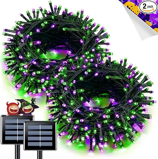 JMEXSUSS 2 Pack Solar String Lights Outdoor Waterproof, Total 66 FT 200 LED Solar Christmas Lights Outdoor, Twinkle Light for Christmas Tree Outside Garden Yard Xmas Decor, Purple and Green