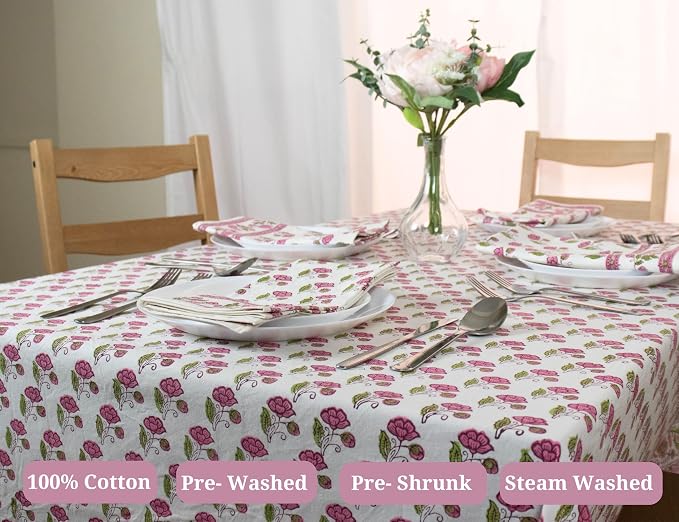 Block Print Table Cloth- 54x108 Inch Rectangle 100% Cotton Handmade Pre-Shrink, Washable for Spring, Kitchen & Dining Perfect for Patio, Indoor & Outdoor, Farmhouse