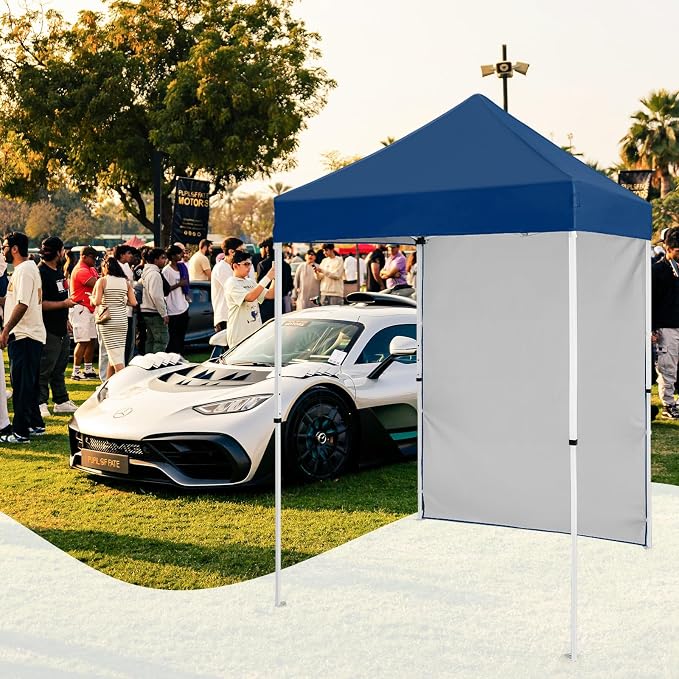 5x5 Pop Up Canopy Tent with One Sidewall, Instant Portable Beach Canopy, Outdoor Tent with Carry Bag for Camping, Sports, Tailgating, Events, Dark Blue