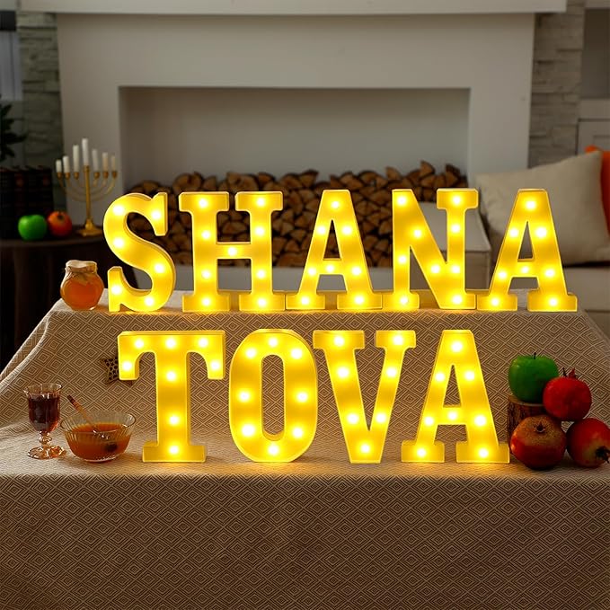 Aurelema 9 Pcs Shana Tova Large LED Letter Signs Rosh Hashanah Decor LED Lights Battery Powered Shana Tova Party Table Decorations for Party Rosh Hashanah Tabletop Decorations