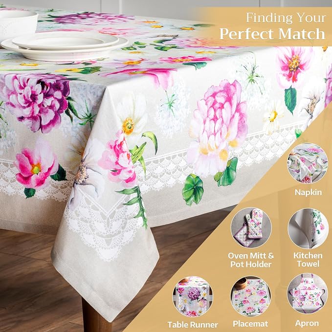 Maison d' Hermine Table Cloth Rectangle Table 100% Cotton 60 x 120 Inches Tablecloth Reusable Decorative for Dining Kitchen Room Farmhouse Party Home Hotel Restaurant Spring Summer - Pivoine