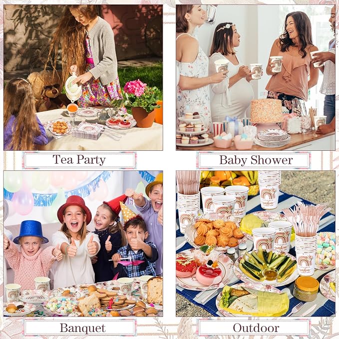 Ziliny 350 Pcs Boho Sunshine Baby Shower Party Supplies Rainbow Paper Plates Napkins Cups and Plastic Cutlery Party Tableware Set for Baby Shower Birthday Decorations, Serves 50