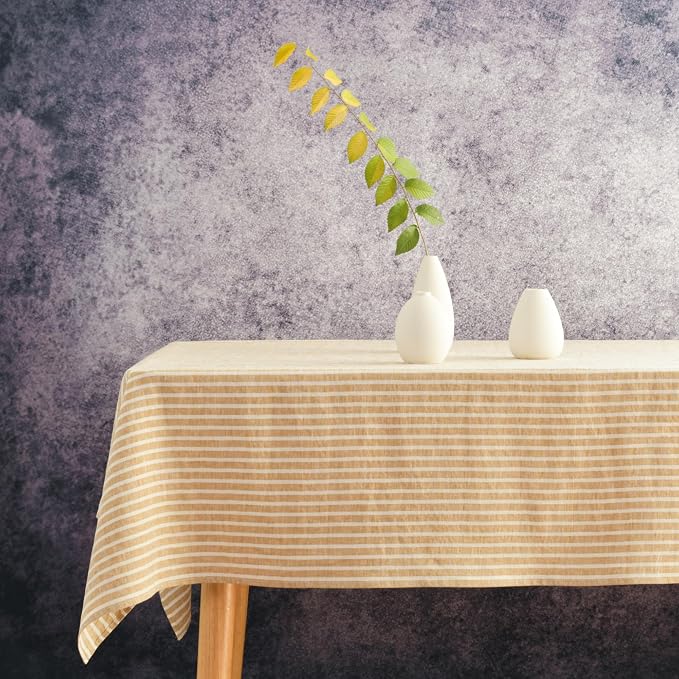 Linen Tablecloth- 60x108 Inch Stripe Pure Linen Light Brown and White Table Cloth for Rectangle Tables, for Fall, Autumn, Thanksgiving, Machine Washable