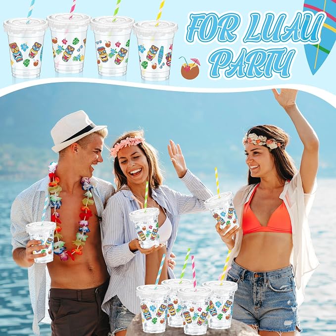 FoldTier Hawaiian Party Decorations Cups 12 oz Luau Party Decorations Plastic Cold Drinks Tiki Cups Clear Disposable with Lids Straws for Summer Holiday Tropical Supplies