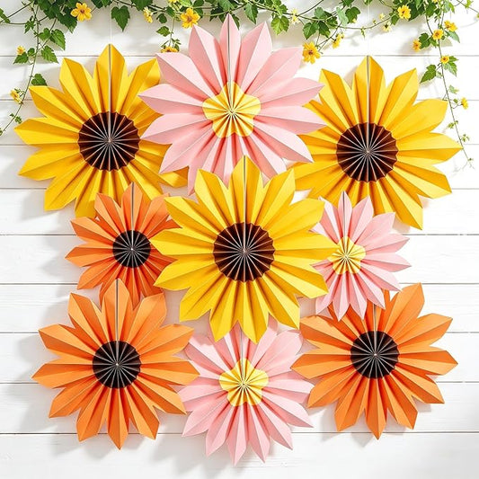 Orange Yellow Paper Fan, Pink, Orange and Yellow Paper Flowers for Sunflower Party Decorations, Paper Flowers Decorations for Wall, Sunflower Birthday Decor, Baby Shower, Classroom Decor