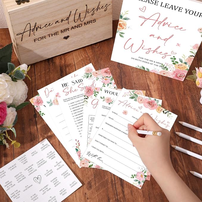 Silipull Bridal Shower Games Set for 50 Guests Includes Bingo, He Said She Said, Scramble, Would She Rather, Advice and Wishes Wedding Games Double Sided with Wooden Box, 20 Pencils(Floral)