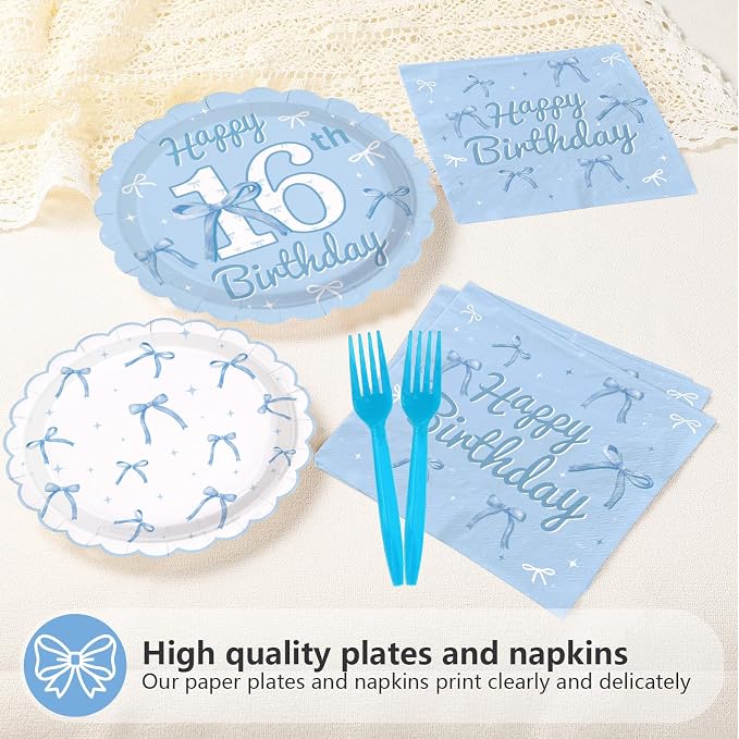 96Pcs Blue White Bow 16th Birthday Decorations for Girls Serves 24