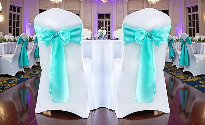 MDS Satin Chair Sashes, 50 Pack, 7”x108” Each, Decorative Chair Bows Ribbon Tie Backs for Wedding Party, Holiday Dinner, Birthday, Reception, Banquet, Hotel & Event Decoration - Sea Green