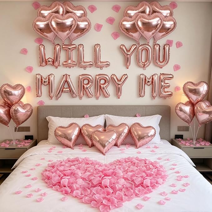 2 Set Rose Gold WILL YOU MARRY ME Balloons - 28pcs 16" Letter Balloons 10pcs 18" Heart Balloons 1200pcs Rose Gold Artificial Rose Petals Alphabet Foil Mylar Balloons for Valentines Day Decorations