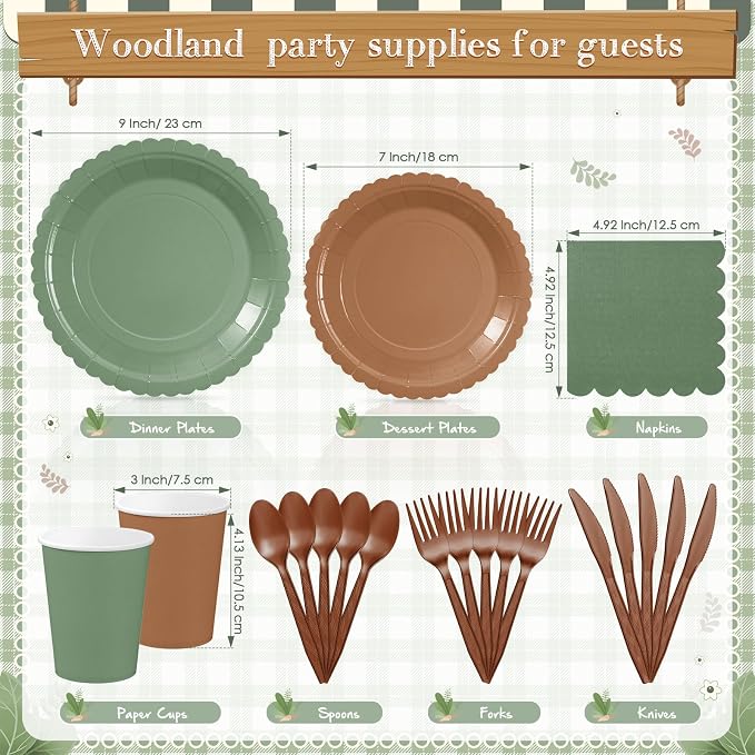Zhehao 175 Pcs Woodland Party Supplies Set Green and Brown Disposable Tableware Kit with Plates, Cups, Napkins, Cutlery in Natural Earth Tones for Baby Shower, Birthday, Wedding Forest Events