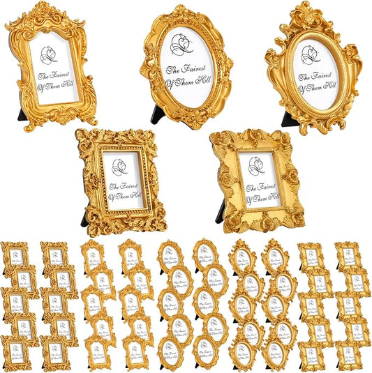 Maitys 60 Pcs Mini Picture Vintage Frames with Stands Tiny Antique Photo Baroque Ornate Resin Oval Frame Table Top Display Home Wedding Decor (Gold)