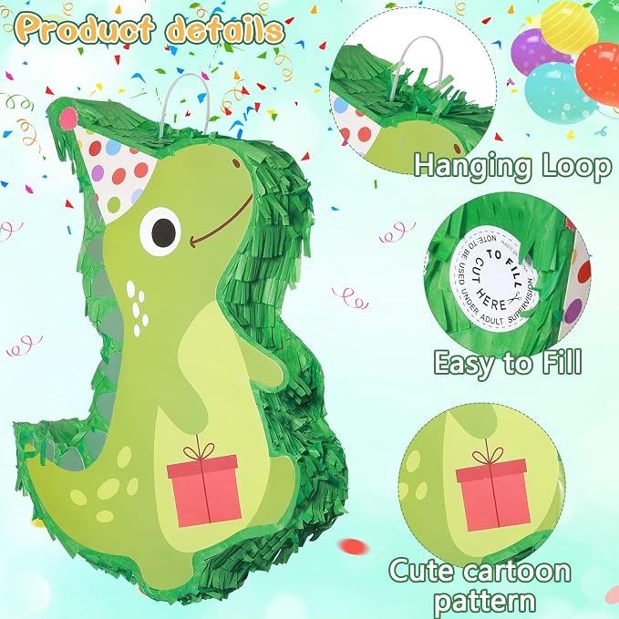 Sratte Dinosaur Piñata For Birthday Party Decor, 15.5 x 10 x 2.8 In Dino Piñata