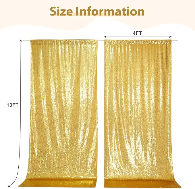 SquarePie 2 PCS 4x10ft Gold Sequin Backdrop for Photography, Extra Long Satin-Backed Real Sequin Curtain, High-Density Shimmering Background with 4" Rod Pocket for Wedding Ceremony, 2 Panels