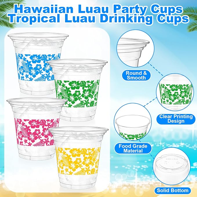 Geyoga 100 Pcs Hawaii Luau Party Cups 12 oz Disposable Plastic Tropical Flower Cups Bulk Hibiscus Clear Beverage Drinkware for Aloha Summer Beach Pool Birthday Holiday Supplies