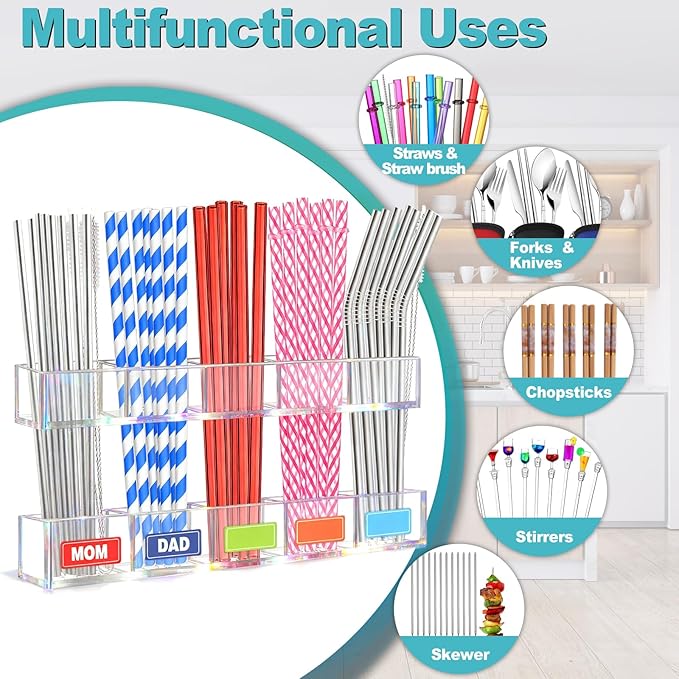 Aheroi Straw Holder, 9.5”Large Adjustable Straw Holder for Cabinet Door, Reusable Acrylic Sign holder for Small Kitchen Accessories, Storage Holder, Double-Sided Adhesive Tape&Colour Labels