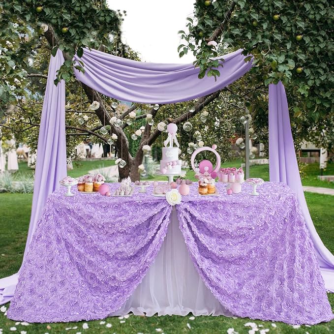 Fanqisi Lavender Tablecloth 50x80 Inches Rosette Satin Tablecloth 3D Rosette Rectangle Table Cover Wedding Banquet Party Baby Shower Decor Table Cloth