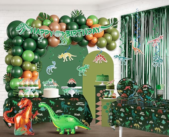 Dinosaur Birthday Decorations for 25 Guests, 293PCS All-in-One Dinosaur Party Decorations Set with Balloons, Plates, Tablecloth, Backdrop & Centerpieces, Easy Setup for Dino Party Supplies