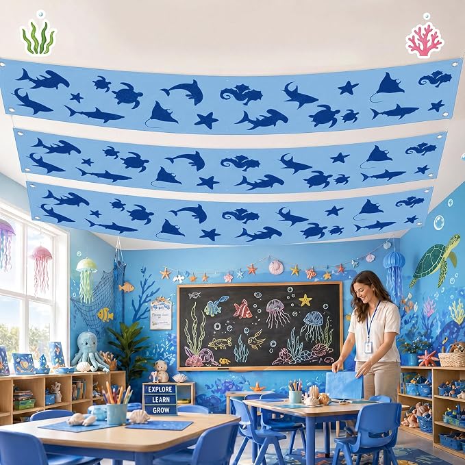 VioraWhite 3 Pcs Under the Ocean Ceiling Decorations Shark Themed Birthday Party Decorations 24 Inch x 12 ft Shark Manta Ray Banners Marine Sea Animal Ceiling Covers for Baby Shower Daycare Classroom