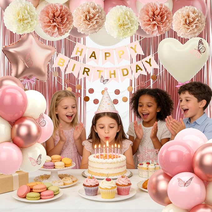 Dusty Pink Birthday Decorations Rose Gold Pink Beige Balloons Happy Birthday Banner Cake Topper Fringe Curtain Paper Pom Poms Butterfly Sticker Blush White Cream Heart Star Foil Party Girls Women