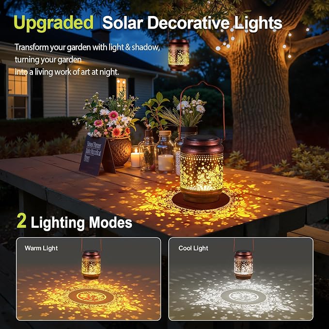 KOOPER Solar Lanterns Outdoor Waterproof Birthday Gifts for Women Mon Grandma, 2 Pack Brighter Hummingbird Hanging Solar Lantern Lights Outdoor, Metal Outdoor Decoration for Yard (Butterfly and Rose)