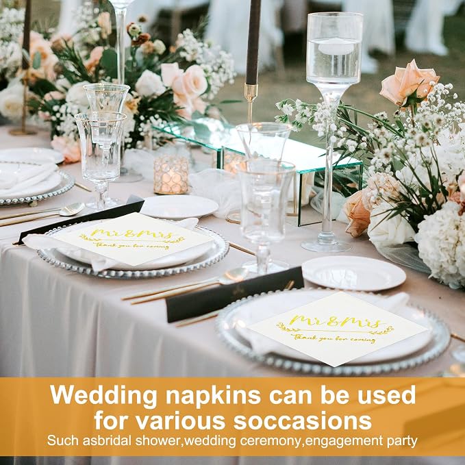 200 Pack Gold Foil Mr and Mrs Wedding Cocktail Napkins for Wedding Party Reception Dessert Cake Table Decorations Welcome to Our Beginning Disposable Napkins