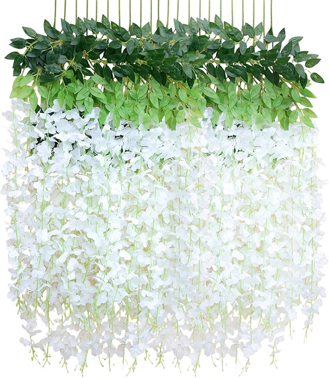 12 Pack Wisteria Hanging Flowers, Fake Hanging Flowers, 3.61 Ft Artificial Flower Vines Strings, Silk Wisteria Flowers for Home Wedding Arch Backdrop Outdoor Party Garden Yard Decor (White)