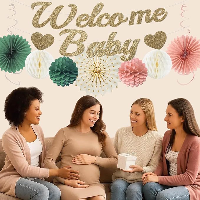 Pink Sage Green Baby Shower Decorations, Welcome Baby Banner with Honeycomb Balls, Paper Flowers, Lanterns, Fans, Circle Garland for Nursery, Gender Reveal Party Decor 19pcs
