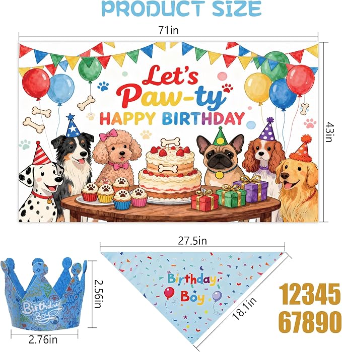 Dog Birthday Party Supplies,72X43Inch Let's Pawty Dogs Kids Birthday Party Banner Birthday Boy Cake Bandana Triangle Scarf Party Hat with Numbers for Large Medium Small Dog