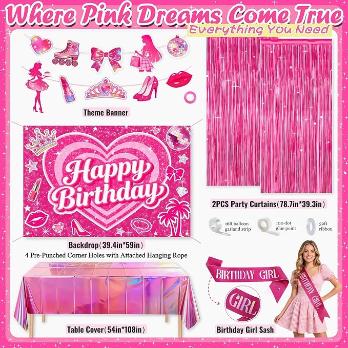 Pink Birthday Party Decorations for Girls, 135pcs Complete Kit - Rose Gold Balloons, Happy Birthday Banner, Backdrop, Tablecloth, Fringe Curtain, Sash for Girls Birthday Decor