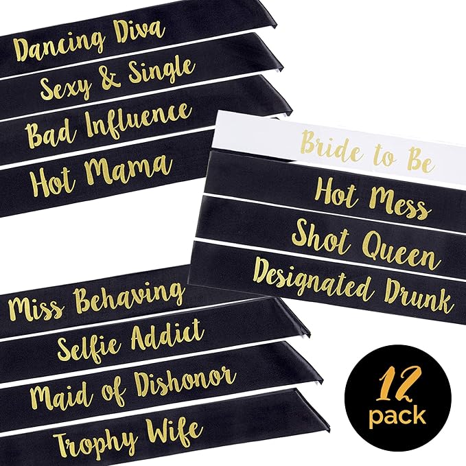 POP FIZZ DESIGNS Bachelorette Sash Set (12 pcs) 1 White Bride to Be Sash + 1 Maid of Honor Sash + 10 Bachelorette Sashes for The Bride Tribe - Amazing Bachelorette Party Favors