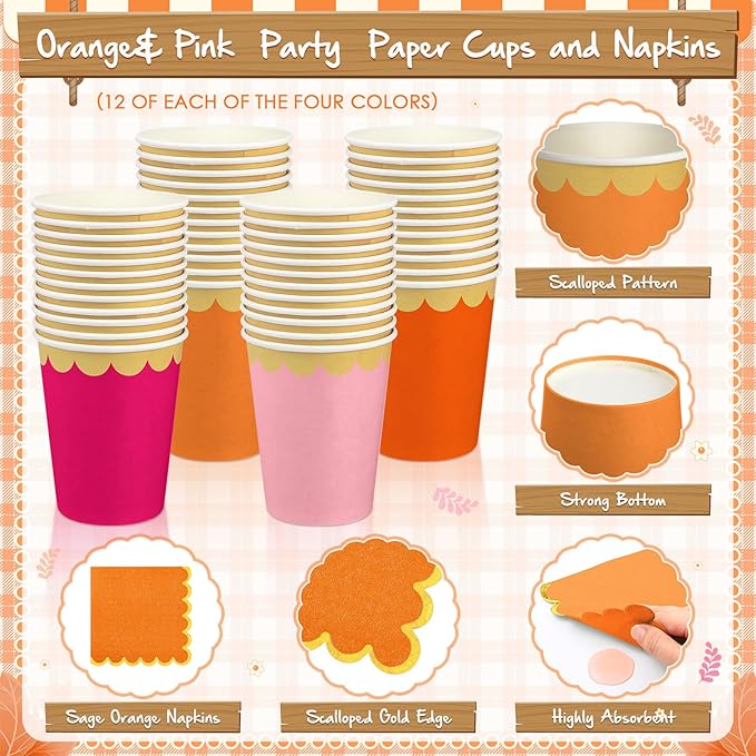 Mimorou 338 Pcs Pink and Orange Plates and Napkins Party Supplies for Guests Hot Pink Orange Tableware Include Scalloped Plates Paper Napkin Cup Spoon Fork Knife for Baby Shower, Wedding, Birthday