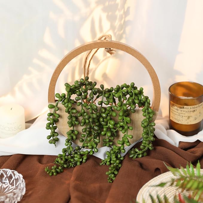 Floweroyal 2pcs Artificial Succulents Hanging Plants 20.1'' Fake String of Pearls in Pot with 9.4'' Lanyard for Indoor Outdoor Wall Decor（Wood Color）