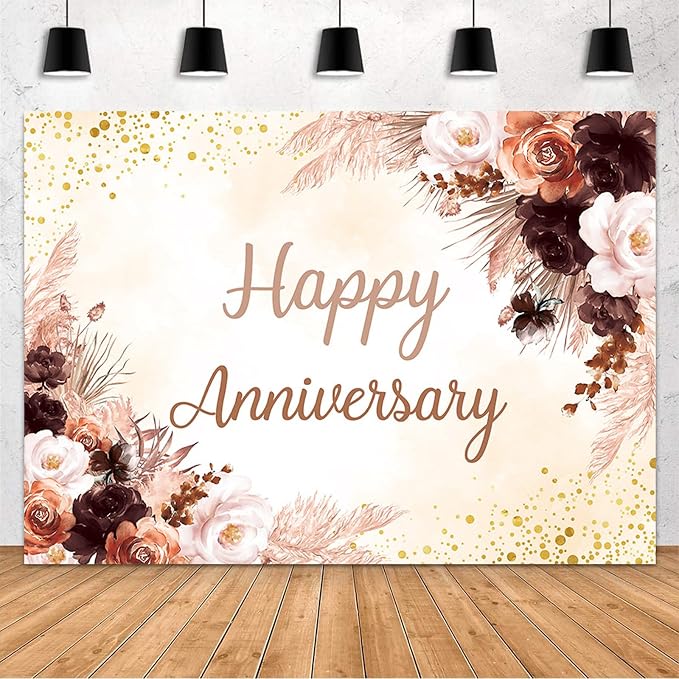 MEHOFOND Boho Happy Anniversary Backdrop Pink Floral Bohemia Pampas Grass Anniversary Banner Cheers to Marriage Wedding Party Decorations Memorial Portrait Photo Booth Background 10x7ft