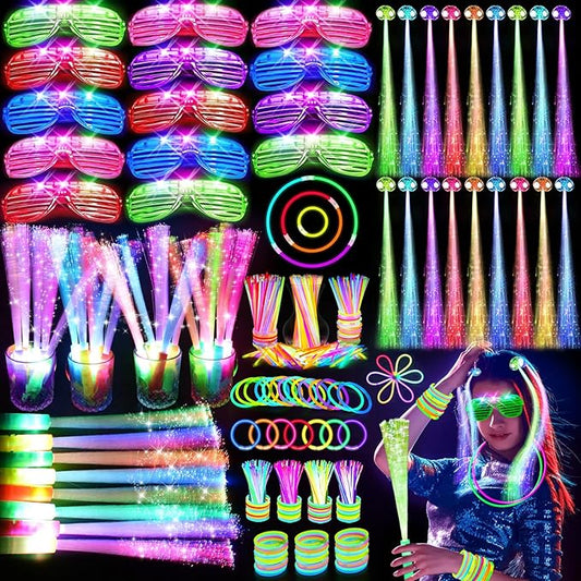 OLUPP 148 PCS Glow in the Dark Party Supplies, 16 Fiber Optic Wands, 14 LED Glasses, 100 Glow Sticks and 18 LED Hair Clips Fiber Optic for Neon Party, Wedding, Birthday, Concert, New Year